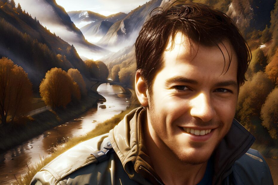 A stylish man with dark hair and a friendly smile dons a chic jacket and waterproof suede boots against a backdrop of autumnal hills, valleys, and mountains.