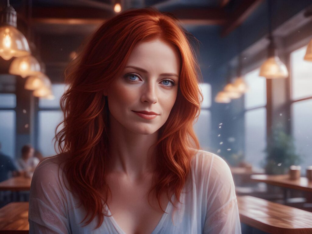 A woman with flowing red hair and a crisp white shirt smiles softly in a café, framed by chic hanging lights and large, inviting windows.