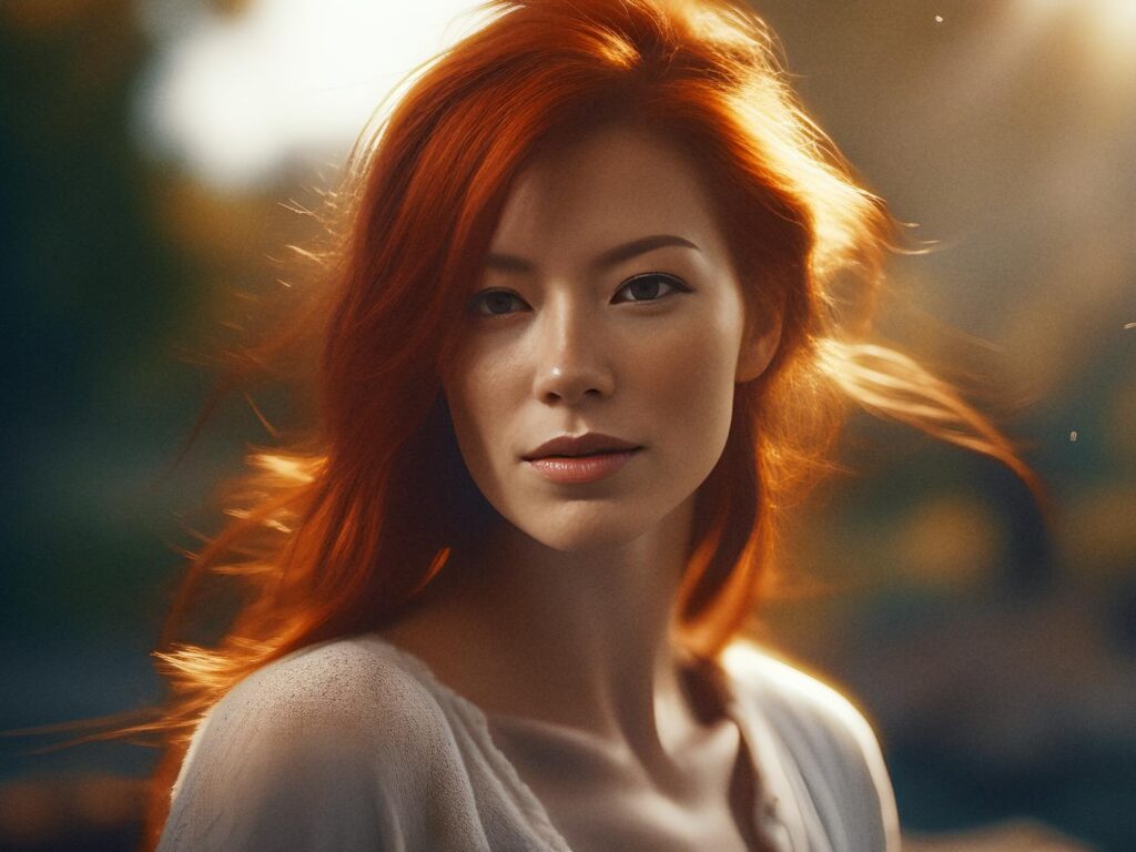 A woman with flowing red hair basks in golden sunlight, wearing a serene expression and a chic white top. Her stylish waterproof suede boots peek from beneath her skirt, adding an elegant touch to the dreamy setting.