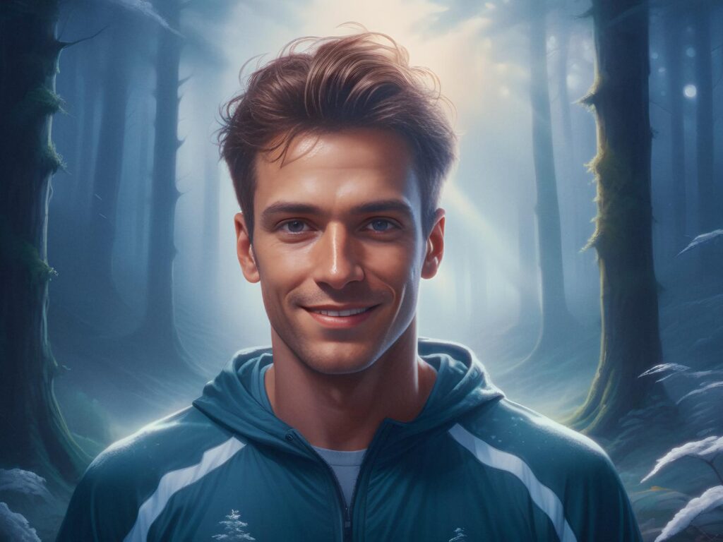 A fashionable man in a trendy teal jacket beams amidst a misty forest, where sunlight filters through trees, enhancing the serene vibe.