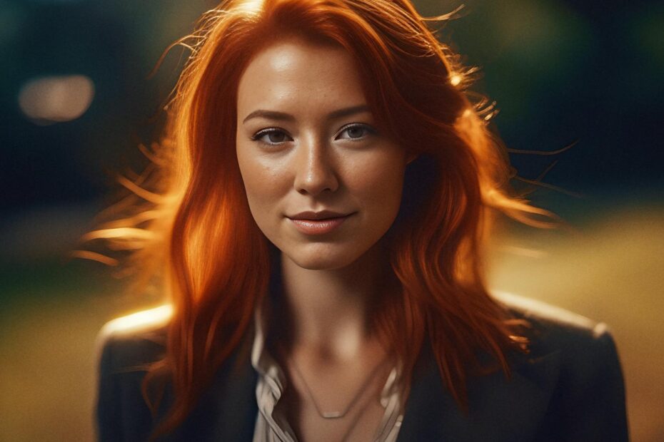 A woman with flowing, wavy red hair glows in warm sunlight, wearing a chic dark blazer over a light top and an elegant necklace — ethical fashion epitomized.