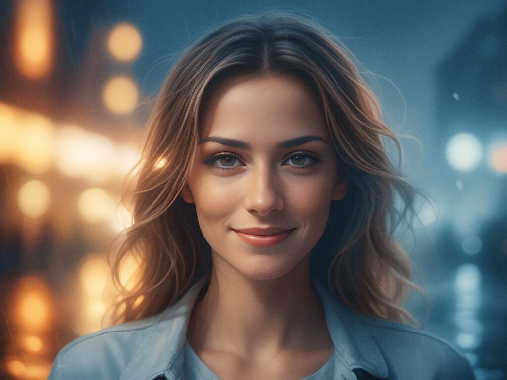 A young woman with long, wavy hair beams softly under warm streetlights in an urban night scene. She styles a chic jacket and our trendy laptop messenger bag, effortlessly blending fashion with function.
