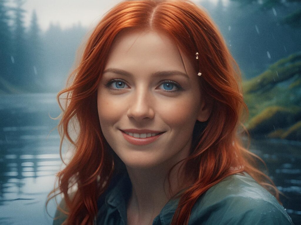 A smiling woman with long red hair and blue eyes stands by a misty, evergreen-lined lake. White flowers in her hair and a chic bag on her shoulder enhance the serene scene, blending natural beauty with effortless style.