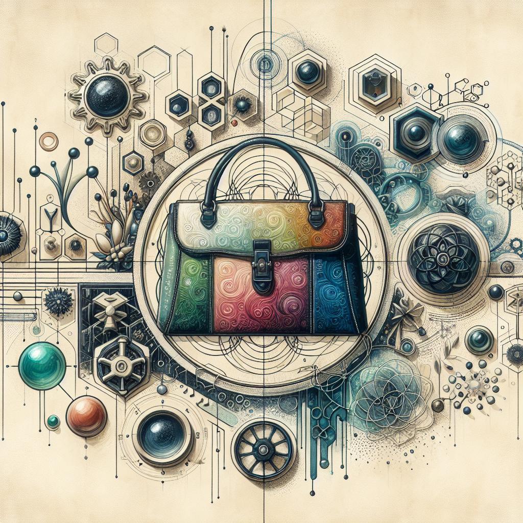 A stunning Kenneth Cole REACTION handbag, boasting colorful patchwork and striking geometric patterns, merges fashion with an artful science theme.