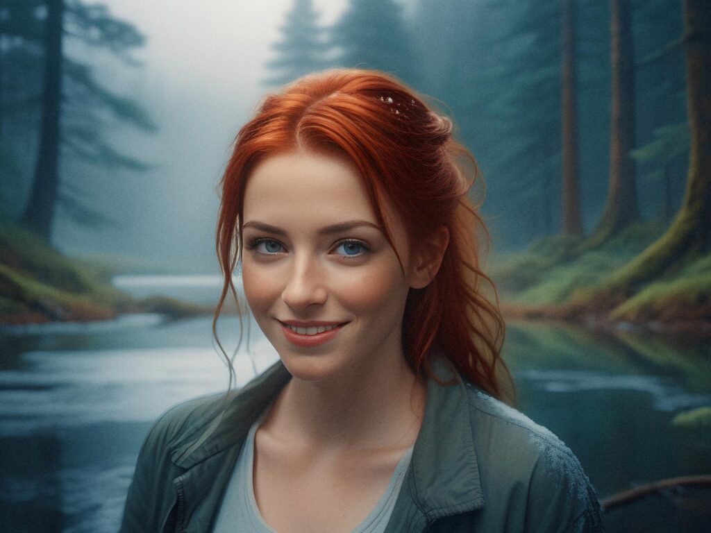 A woman with flowing red hair radiates warmth as she smiles at the camera. Styled in a green jacket and Peak Design Bag, she stands by a misty forest lake. Captivating calm meets effortless chic in this enchanting scene.