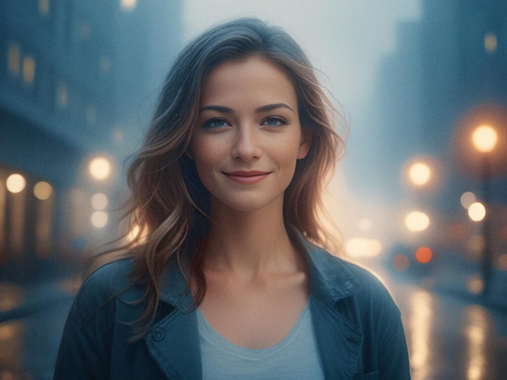 Woman with long, wavy hair smiles gently at dusk, carrying a chic Leaper Bag. Her jacket and light top complement the misty, lamp-lit streetscape.