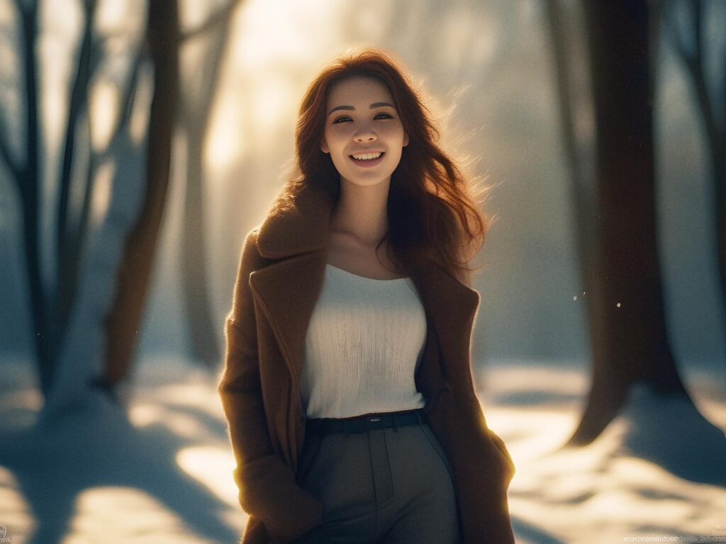 A woman with flowing brown hair beams in a sunlit, snowy forest, donning a chic white top, brown coat, high-waisted pants, and a stylish messenger bag.