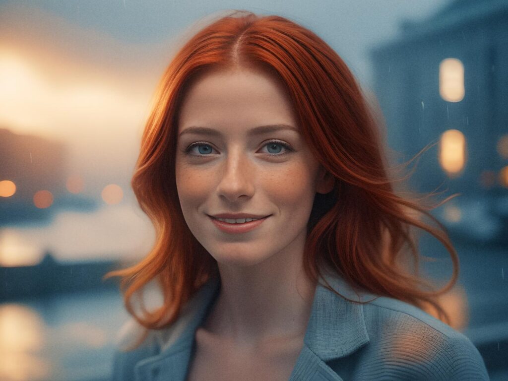 A young woman with long, wavy red hair smiles softly at the camera. At dusk in the city, she carries a chic Leaper Bag. Warmly lit buildings and water softly glow behind her. #CityFashion