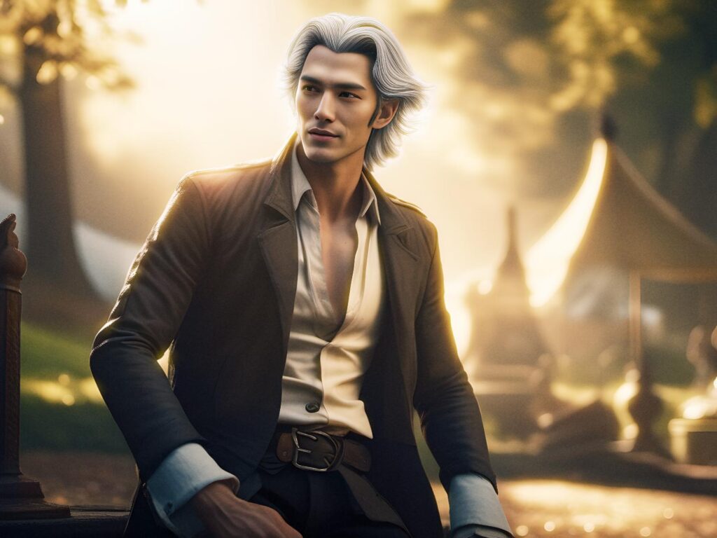 A silver-haired man exudes effortless style in a dark jacket and unbuttoned white shirt, accessorized with a chic Gucci messenger bag. Sunlit trees and a tent form the serene backdrop.