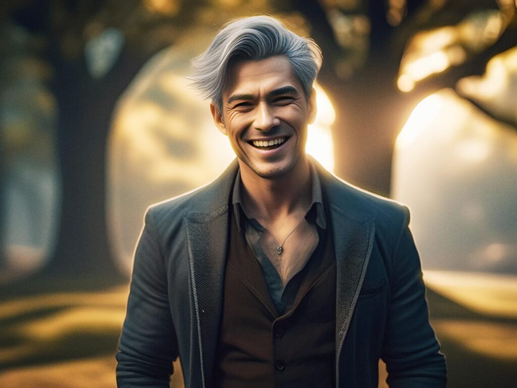 A silver-haired man beams in a dark suit and open-collared shirt, standing in a sunlit park. He carries a sleek Gucci messenger bag, embodying modern men's style.
