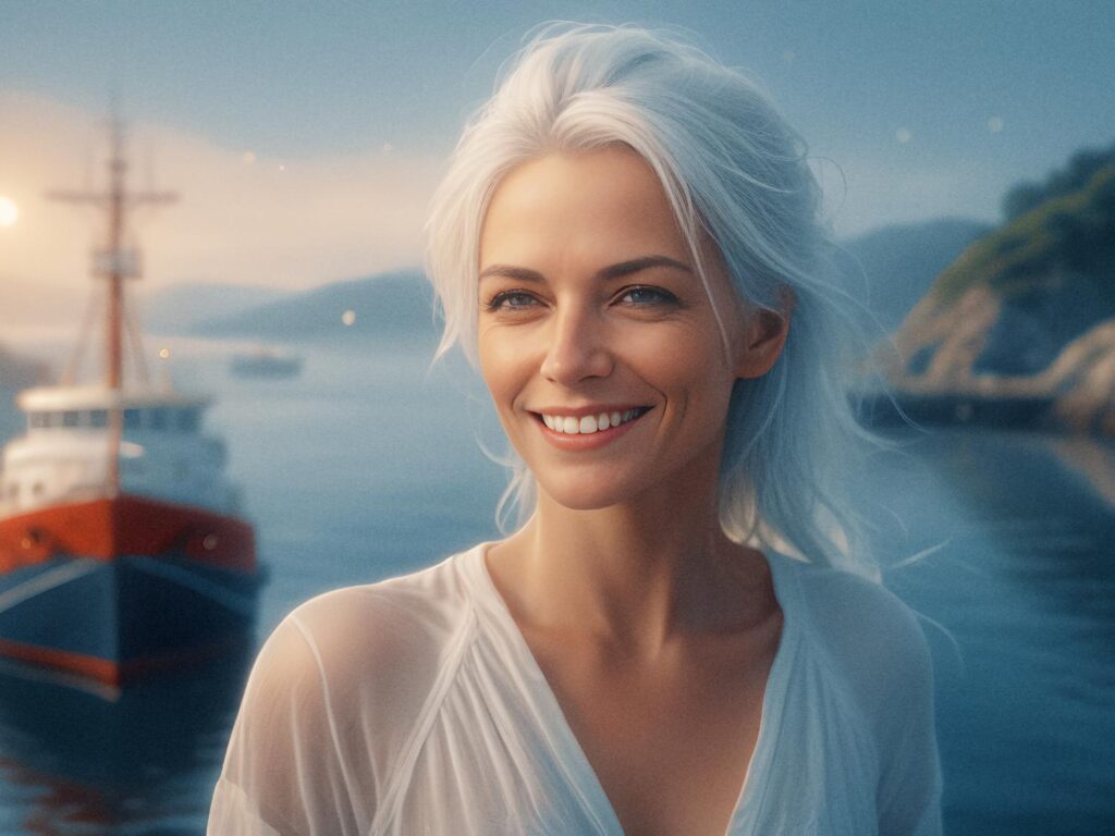 A woman with long, white hair stands smiling at dusk by a serene harbor, stylishly sporting a casual messenger bag. Red and white boat and misty hills in the background.