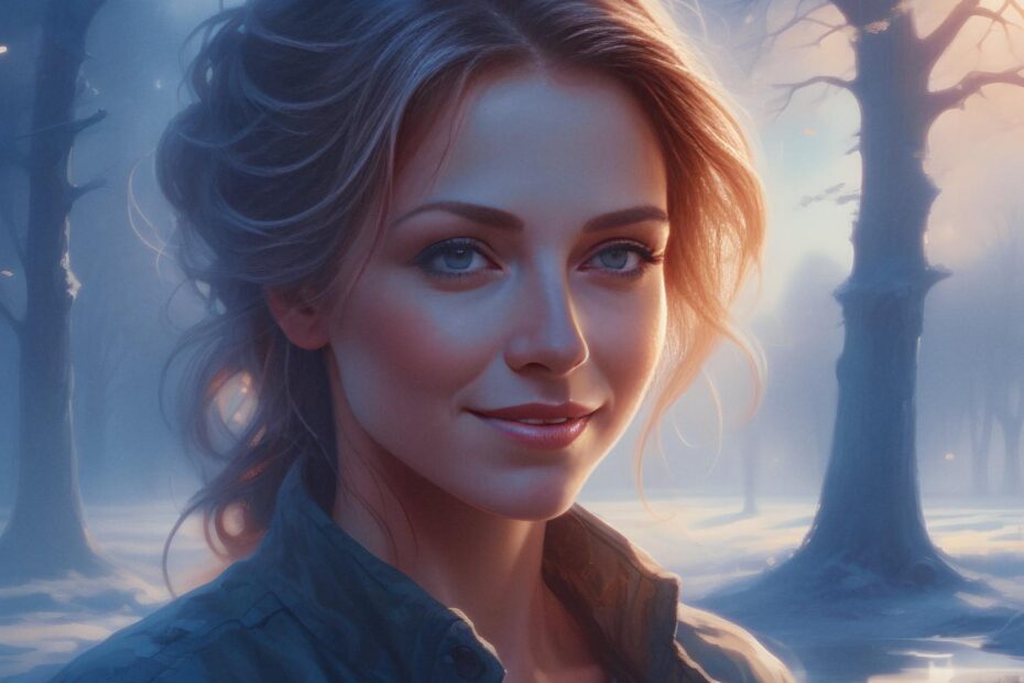 A woman with loose curls and a dark jacket smiles softly in a misty forest. Warm light highlights her face and stylish tote, enhancing her elegant look amid the snowy trees.