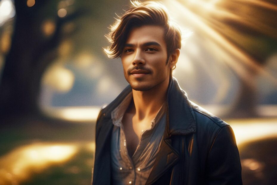 A stylish man with wavy hair and a slight mustache stands in a sunlit park, effortlessly blending function and fashion with his dark leather jacket over an open-collared shirt. An Oakley bag slung over his shoulder completes the sophisticated look. A warm, golden glow from the sunlight filtering through the trees adds to the ambiance, making this outfit perfect for anyone seeking inspiration in utilitarian yet chic styling.