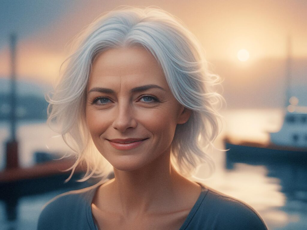 A radiant woman with chic, wavy gray hair stands near a serene waterfront at sunset. Her simple light top and stylish Fossil bag exude effortless elegance.
