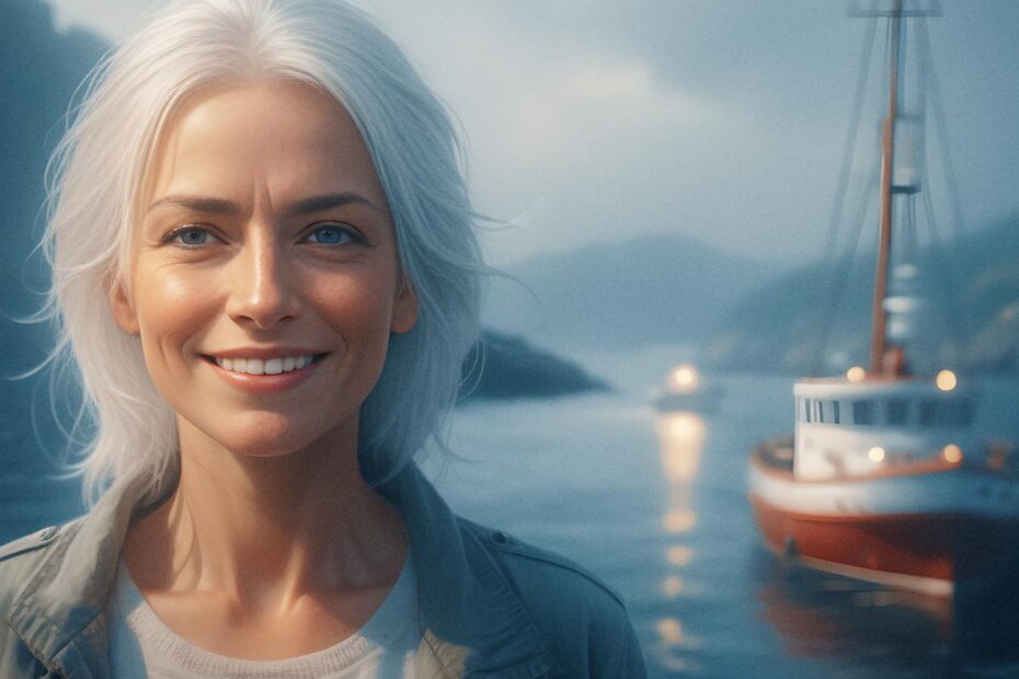 A stylish woman with white hair smiles by a serene waterway, her trendy jacket and vintage messenger bag making a chic statement against misty mountains and tranquil skies.