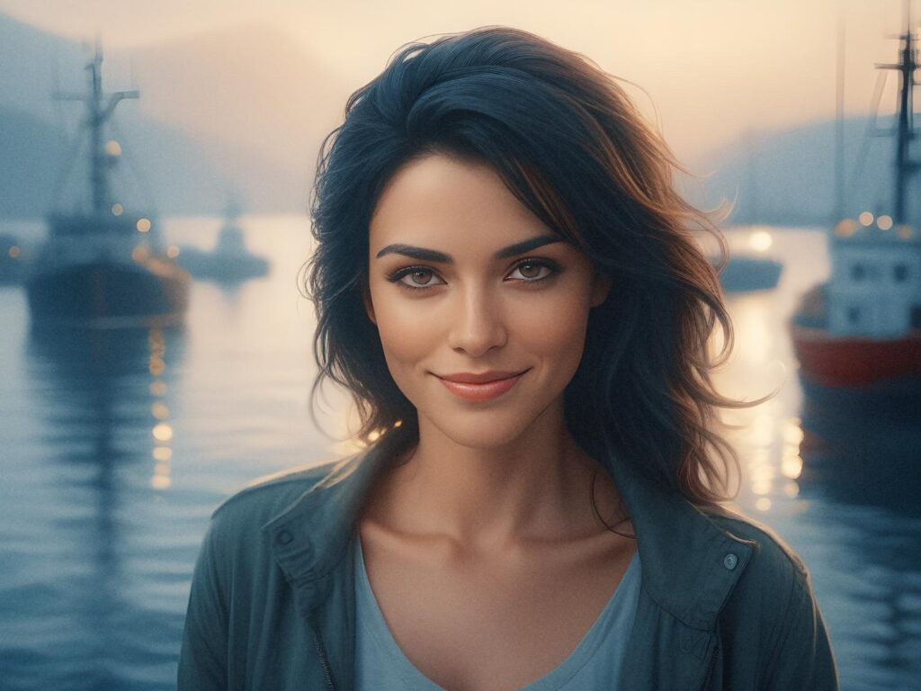 A wavy-haired woman in a trendy casual jacket smiles softly by a dawn-lit harbor. Ships drift near misty mountains, evoking tranquility.
