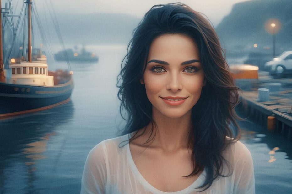 A woman with long dark hair and a chic white top radiates a soft smile, standing on a dock. Her elegant messenger bag complements the serene waters, fishing boats, and hazy mountains lit by early evening glow.