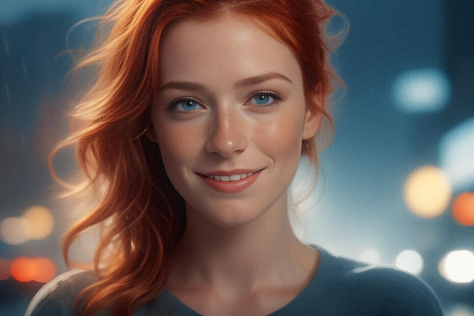 A stylish redhead with blue eyes smiles warmly in a colorful cityscape, her fashionable blue top and windswept hair complemented by a durable Filson Bag.