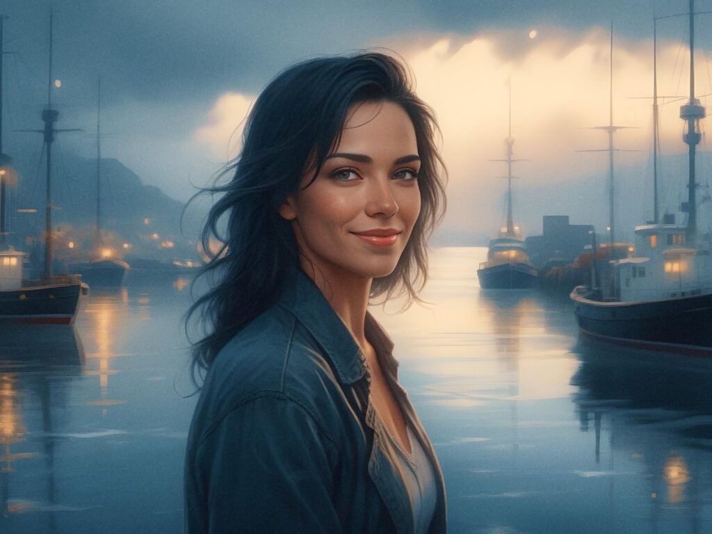 A woman with long dark hair smiles softly in a stylish dark jacket and light top, her handmade leather messenger bag adding to the chic look, against a serene dusk harbor backdrop.