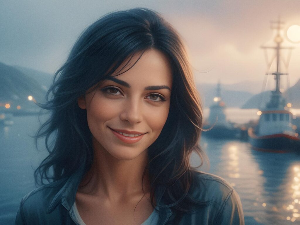A woman with dark hair and a serene smile poses by a dusky harbor, exuding elegance with her luxury leather crossbody bag. Docked boats and soft mist complete the tranquil scene.