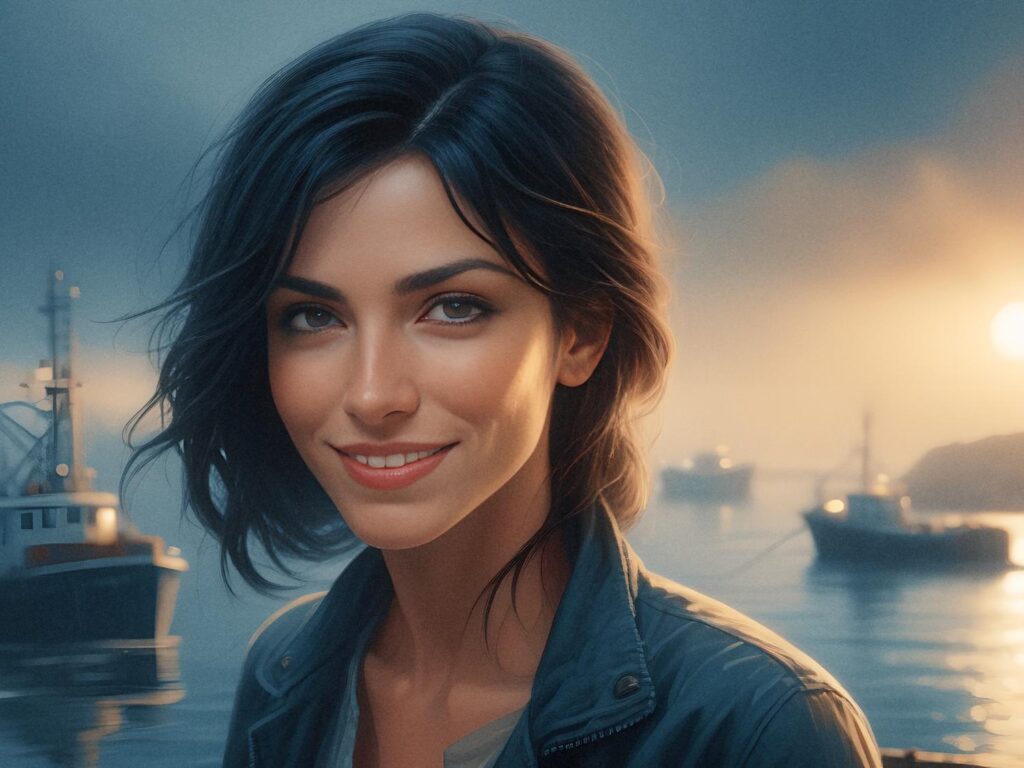 A chic woman with short dark hair and a slight smile stands near a misty harbor at sunset, clutching a stylish Coach handbag. She's wearing a dark jacket, framed by fishing boats in the foggy background. The warm sunlight casts a serene glow.