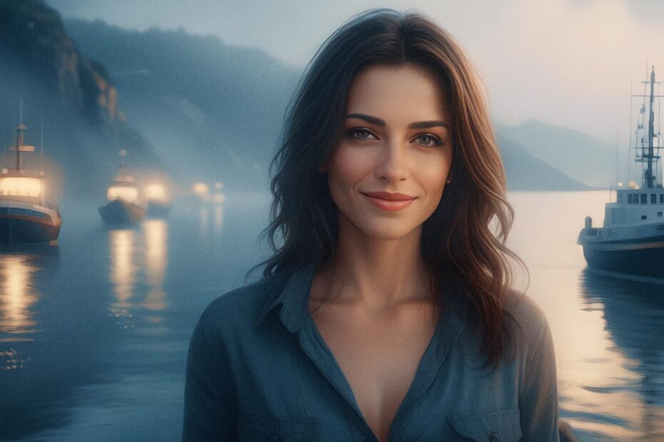 A woman with long brown hair and a slight smile stands by a misty waterfront at dusk, wearing a dark shirt and carrying an elegant luxury leather bag. Docked boats and mountainous landscape enhance the serene, dreamy atmosphere.