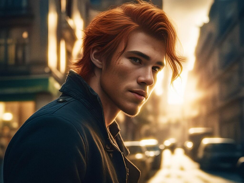 A red-haired individual glances back with flair in a city street at sunset. Their dark jacket and chic waxed canvas messenger bag exude urban sophistication amid the golden glow.