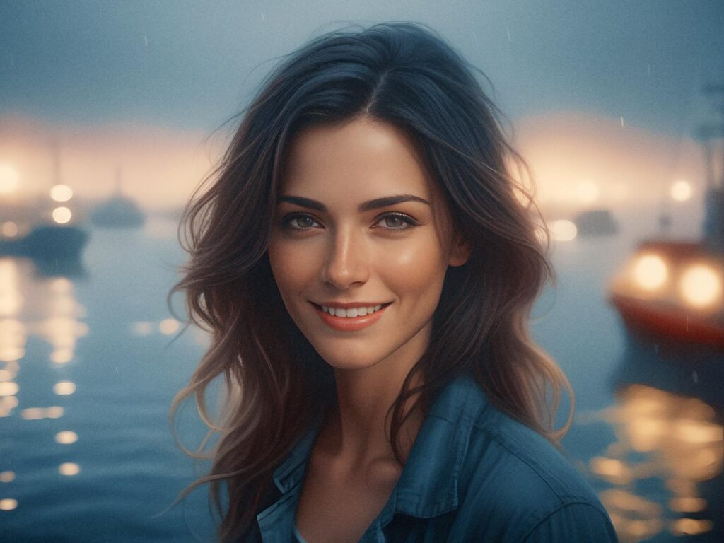 A young woman with long, wavy hair smiles warmly at the camera by a twilight waterfront. Her casual blue shirt complements her stylish Top Peak Design Bag, adding an effortless touch to her chic look.