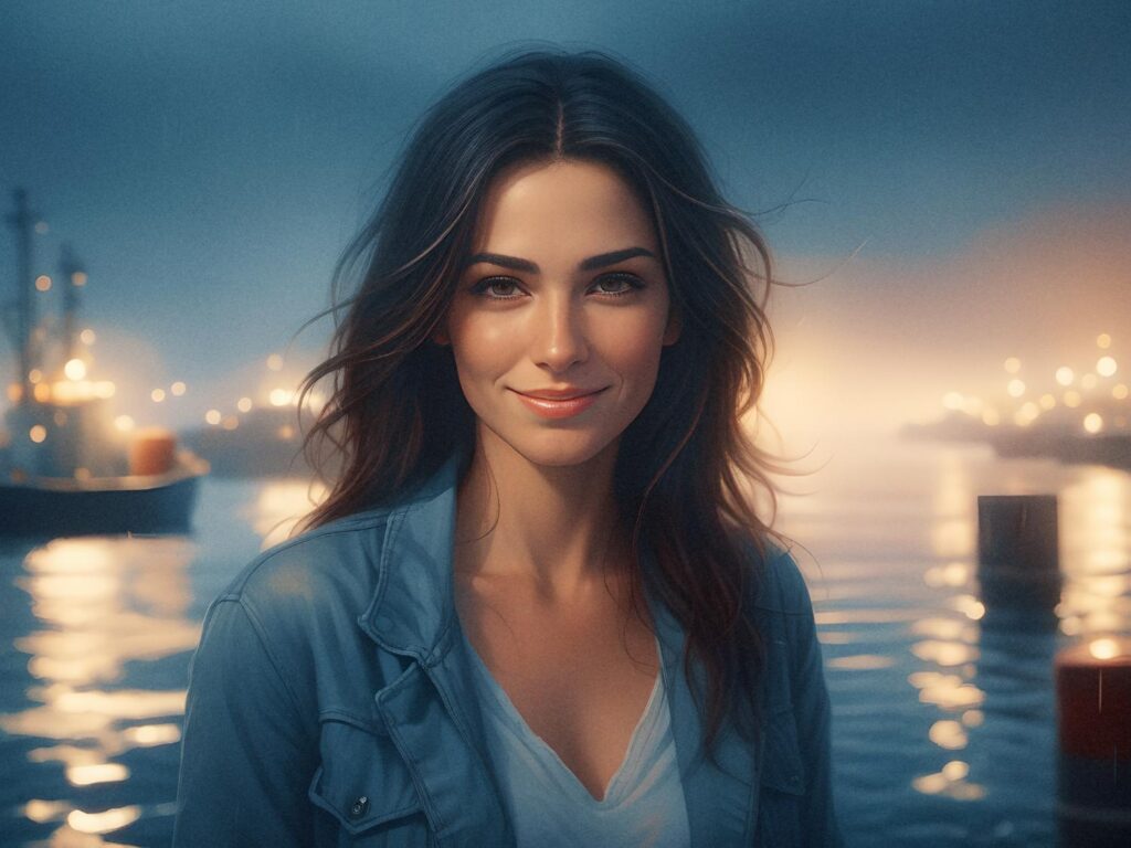 A stylish woman with flowing hair smiles softly by the twilight harbor. Her chic light jacket and sling bag illuminate understated elegance.