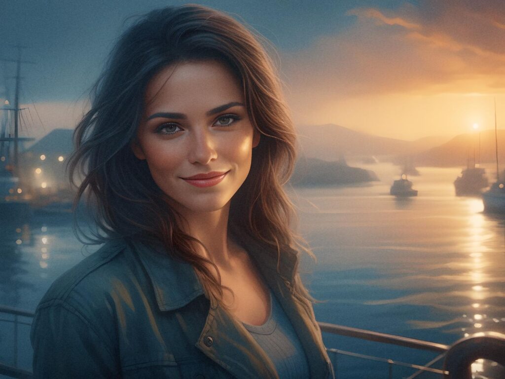 A woman with long, wavy brown hair and a soft smile stands by a serene sunset harbor. Clutching an elegant Coach tote, she pairs a chic green jacket with a gray top. The backdrop of sailboats and misty mountains under vibrant blue-orange-purple skies adds to the stylish scene.