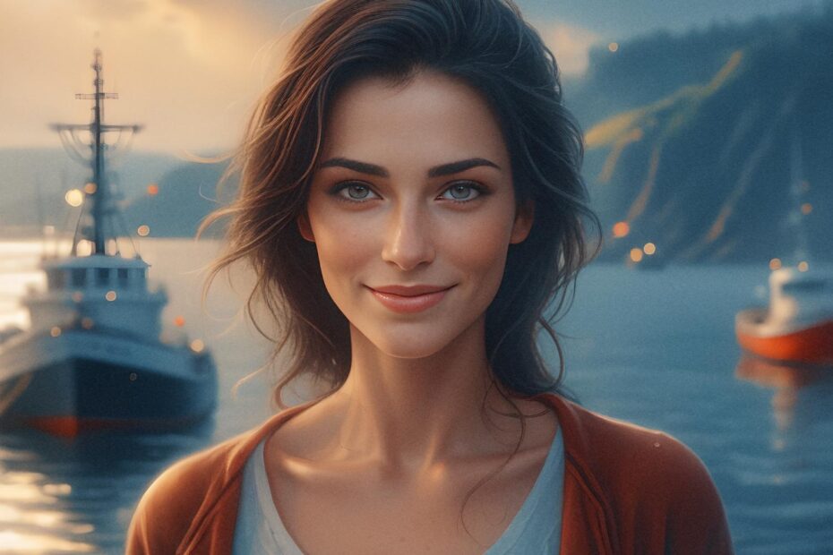 A woman with shoulder-length hair smiles softly by a serene waterside, luxury boats in the background. She dons a light shirt, brown jacket, and chic leather bag, all bathed in the golden glow of a setting sun over hilly terrain.