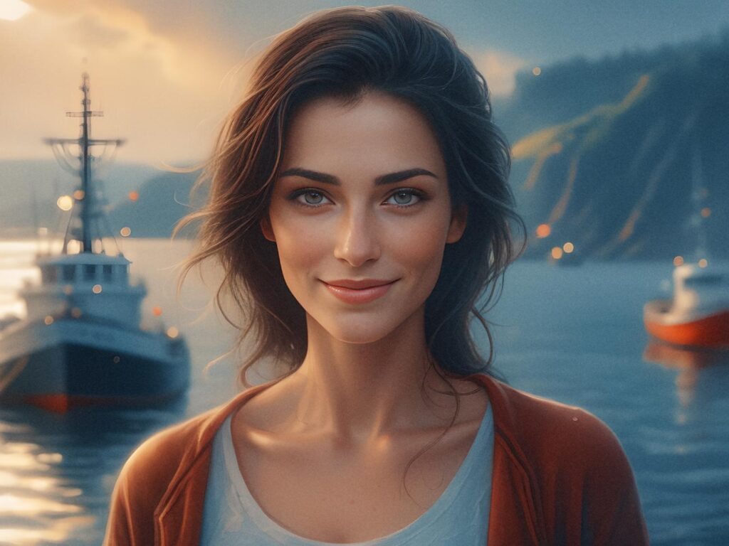 A young woman with wavy brown hair and a gentle smile poses by the sunset-lit water, showcasing a chic messenger bag. Boats and mountains form a serene backdrop in warm hues.