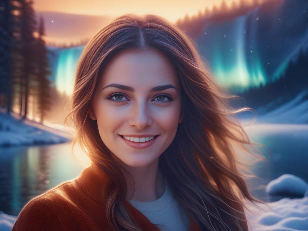 A young woman with flowing waves and a warm smile stands before a serene winter scene, holding a chic bike messenger bag. The sky glows in vibrant orange and teal hues, adding a magical touch to this stylish urban cyclist look.