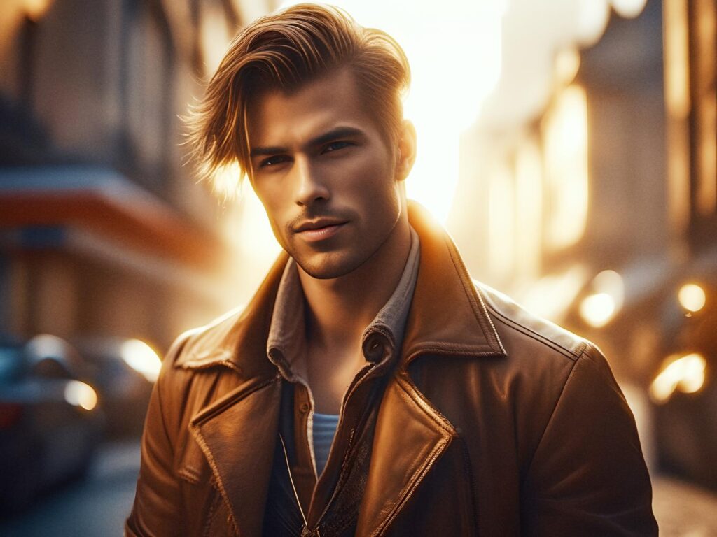 A fashionable man with blond hair, a light brown leather jacket over a shirt, stands on a sunset-lit street carrying an Oakley bag, bathed in a warm glow.
