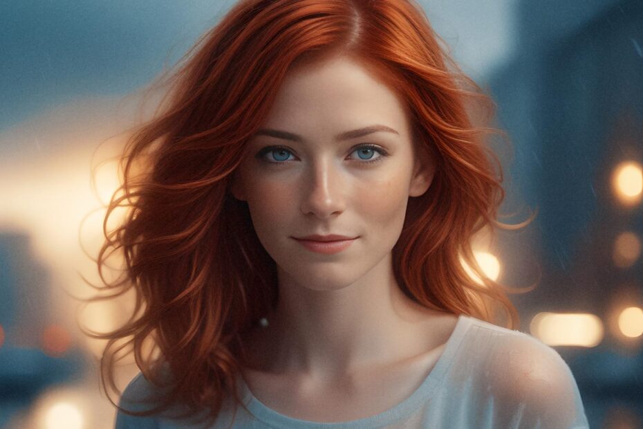 A young woman with long, wavy red hair and blue eyes stands outdoors against a lit-up urban backdrop. She radiates style in a light top and chic denim messenger bag, illuminated by a warm, gentle glow.