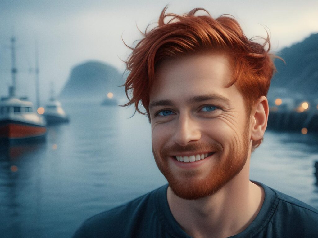 A bearded person with tousled red hair beams in front of a foggy harbor, effortlessly chic with a stylish Leaper Bag. Boats and misty hills set the serene scene.