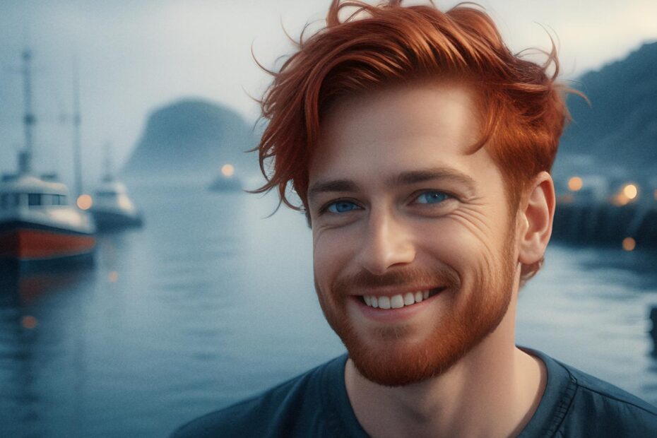 A bearded person with tousled red hair beams in front of a foggy harbor, effortlessly chic with a stylish Leaper Bag. Boats and misty hills set the serene scene.
