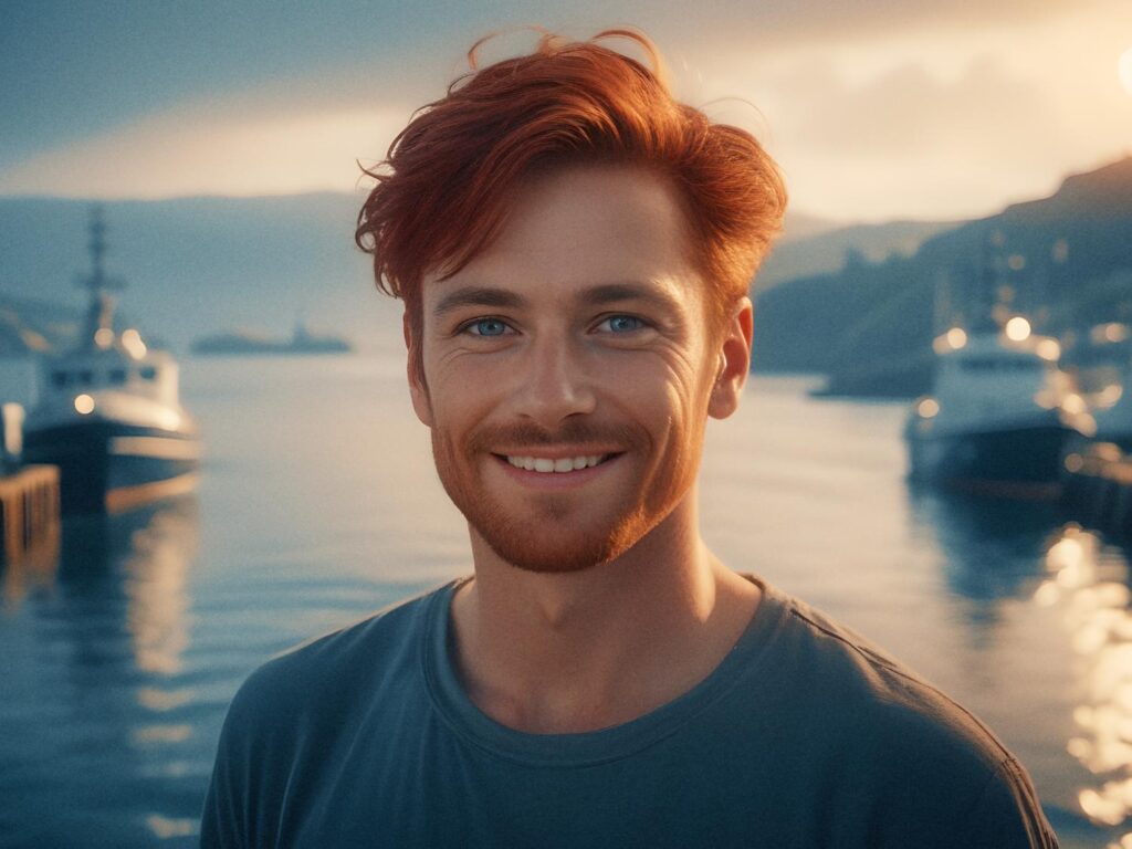 A red-haired, bearded man in a grey tee smiles warmly by a tranquil harbor at sunset. Perfect for showcasing casual-chic styling under $200.