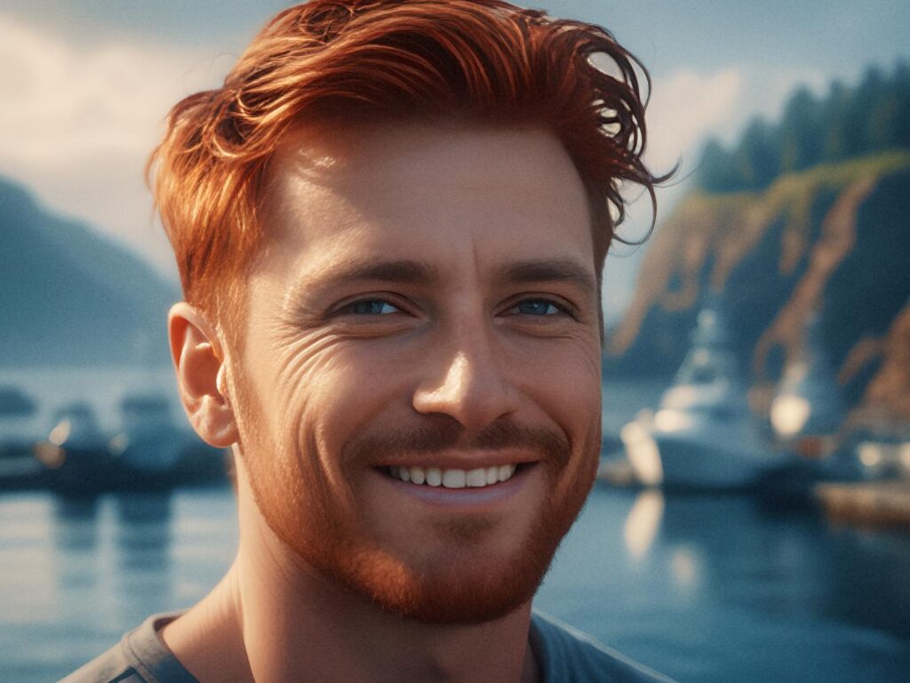A stylish red-haired man with a short beard smiles by a scenic harbor. He carries a chic tote, framed by boats and tree-covered cliffs under a clear sky.