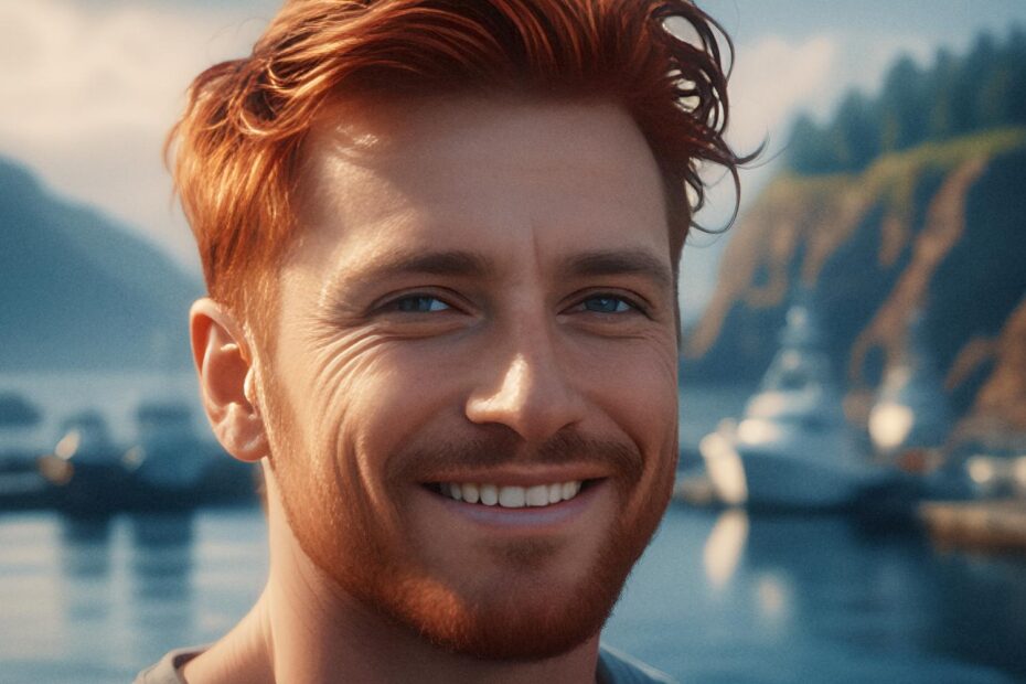 A stylish red-haired man with a short beard smiles by a scenic harbor. He carries a chic tote, framed by boats and tree-covered cliffs under a clear sky.