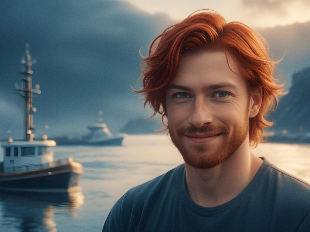 Red-haired man with a beard, beaming while flaunting a sleek Men's Crossbody Bag. Calm waterfront scene with boats and misty hills in the backdrop. #StyleInNature