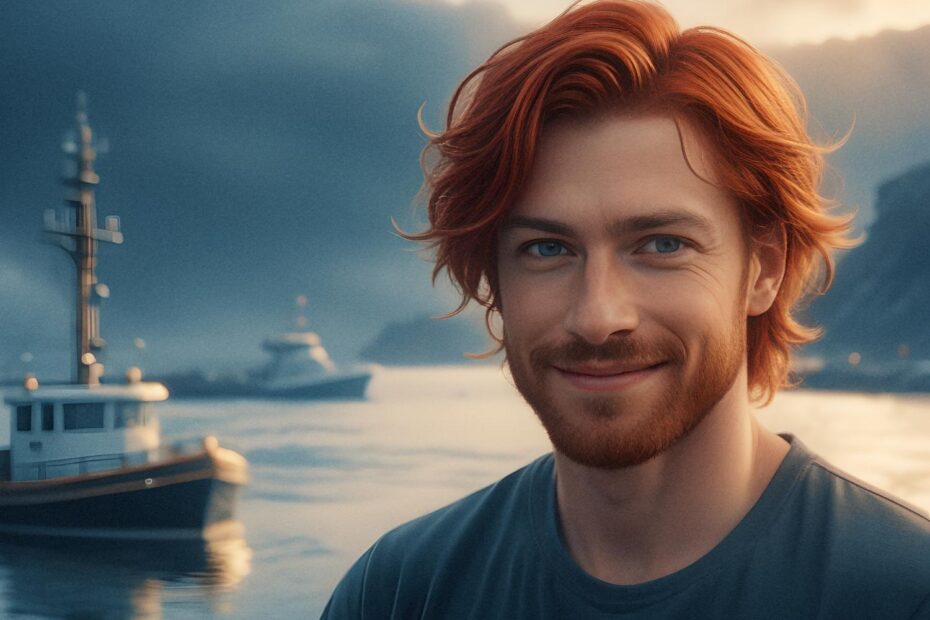 Red-haired man with a beard, beaming while flaunting a sleek Men's Crossbody Bag. Calm waterfront scene with boats and misty hills in the backdrop. #StyleInNature