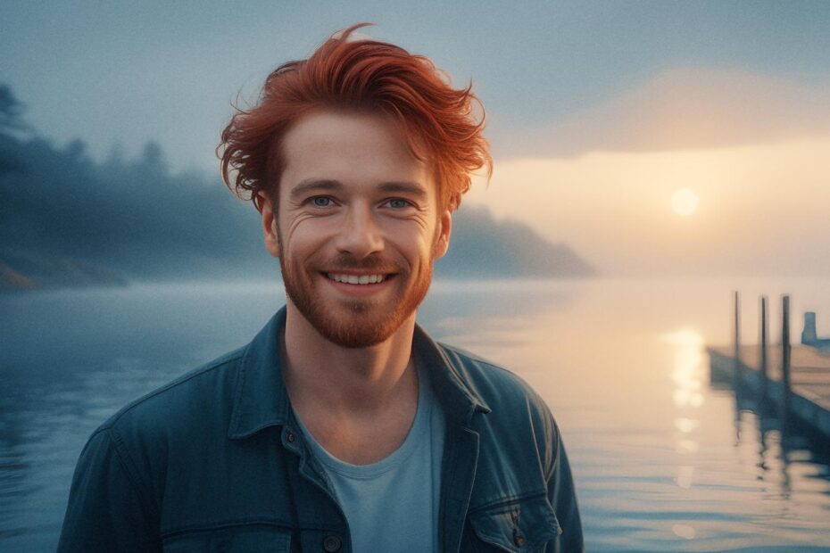 A red-haired, bearded individual smiles at sunrise by a serene lake, stylishly carrying a leather messenger bag. Misty dock adds tranquility.