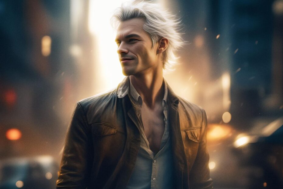 A confident, silver-haired trendsetter in a leather jacket and open-collared shirt rocks a sleek messenger bag against a backdrop of glowing city lights.