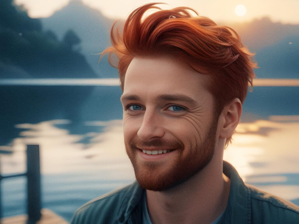 A red-haired man with a beard beams beside a serene sunset lake. His casual jacket and stylish leather laptop messenger bag complete the picturesque scene.