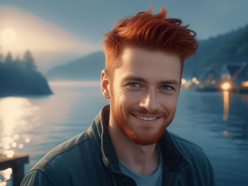 A man with vibrant red hair and a beard smiles warmly, styled with a chic denim messenger bag. Evening light casts a serene glow over a misty lake and mountains.