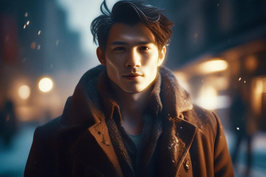 A chic individual with short, stylish hair stands in a snow-kissed urban setting. Clad in a dark coat with a large collar and sporting a premium shoulder bag, they exude modern sophistication amidst softly blurred city lights.