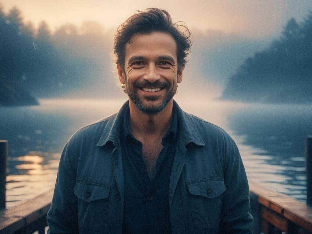 A bearded man with dark hair smiles warmly on a lakeside dock, donning a chic dark jacket and messenger bag. Misty forest at golden hour behind him.