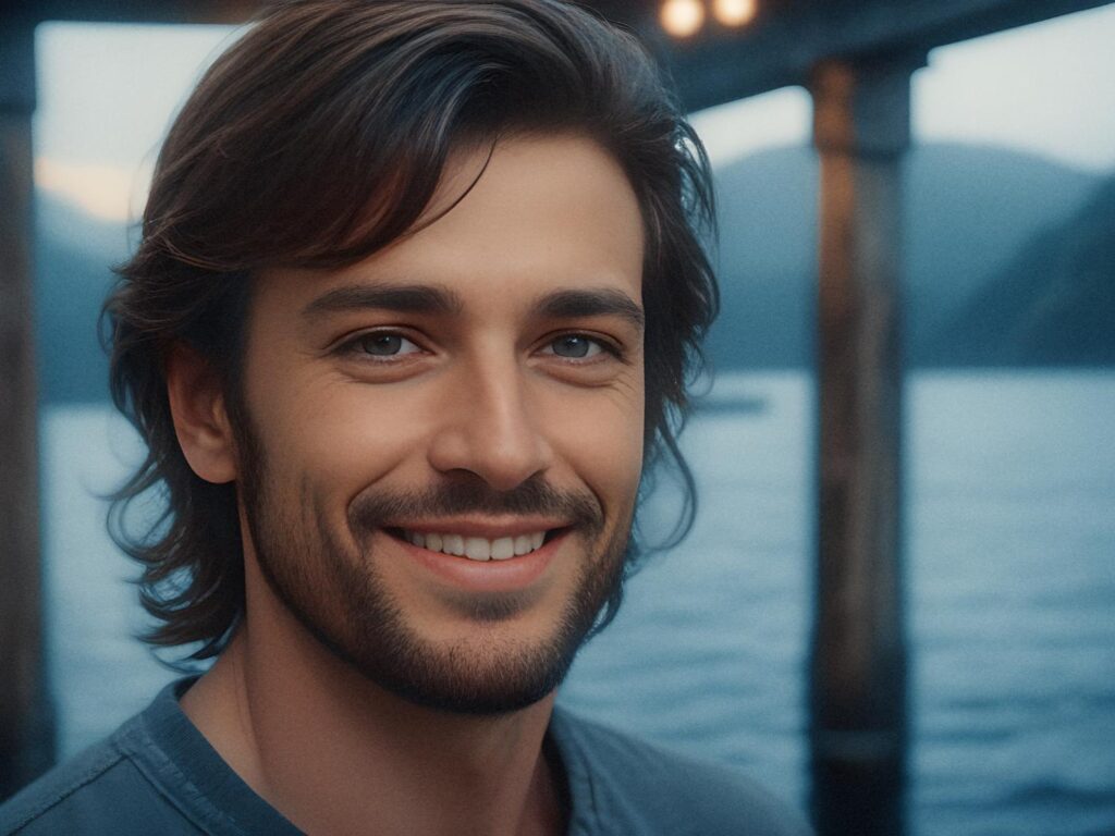 A stylish man with medium-length brown hair and a beard smiles warmly at the camera, standing near a tranquil lake with a wooden pier and mountains in the backdrop. Sporting a comfortable backpack, he exudes effortless wanderlust chic.