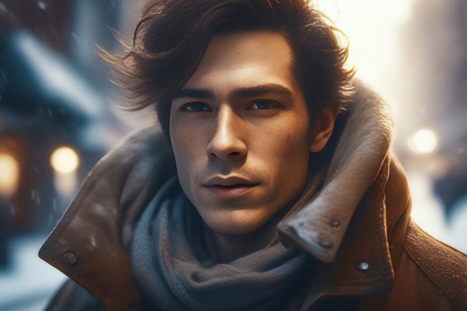 A young man with tousled hair in a chic brown coat and grey scarf stands on a snowy street, holding a trendy Waxed Canvas Messenger Bag.